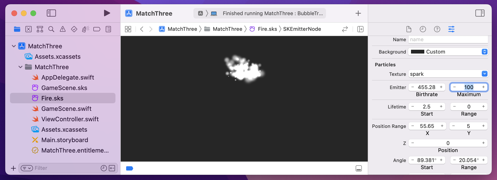 Xcode shows a puff of white smoke. On the right, 'Maximum' is set to 100.