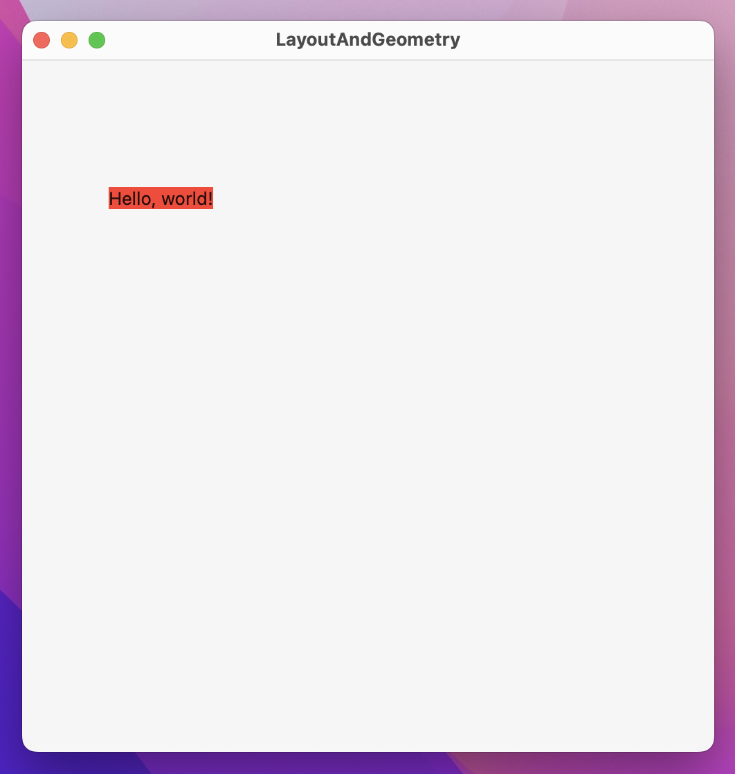 A square window containing 'Hello, world!' on a red rectangle in the middle of the top left quadrant.