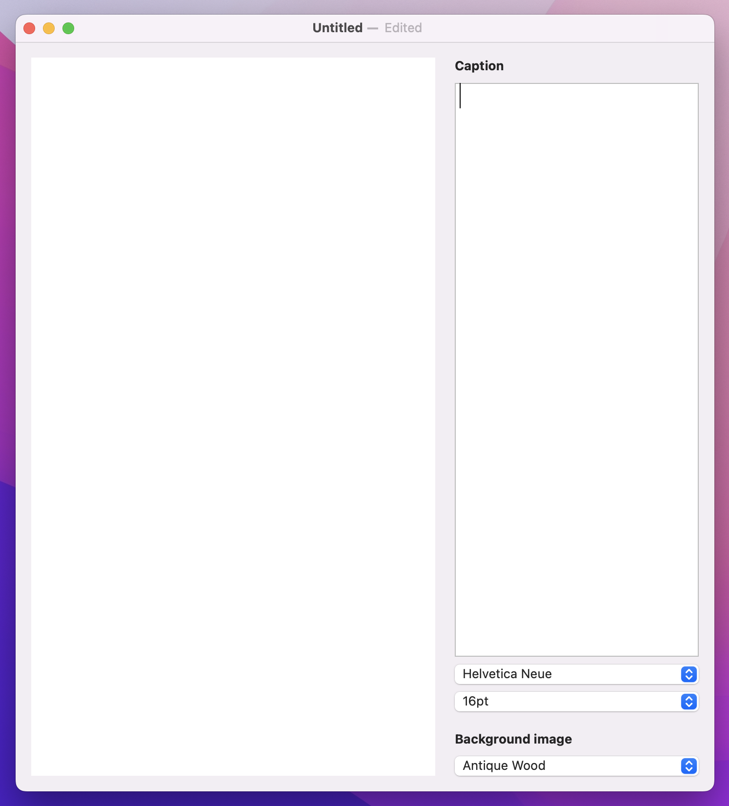 A window with 2 panels. The left panel has a 'Caption' section with a text field and 2 pickers, and a 'Background image' section with another picker, set to 'Antique Wood'.