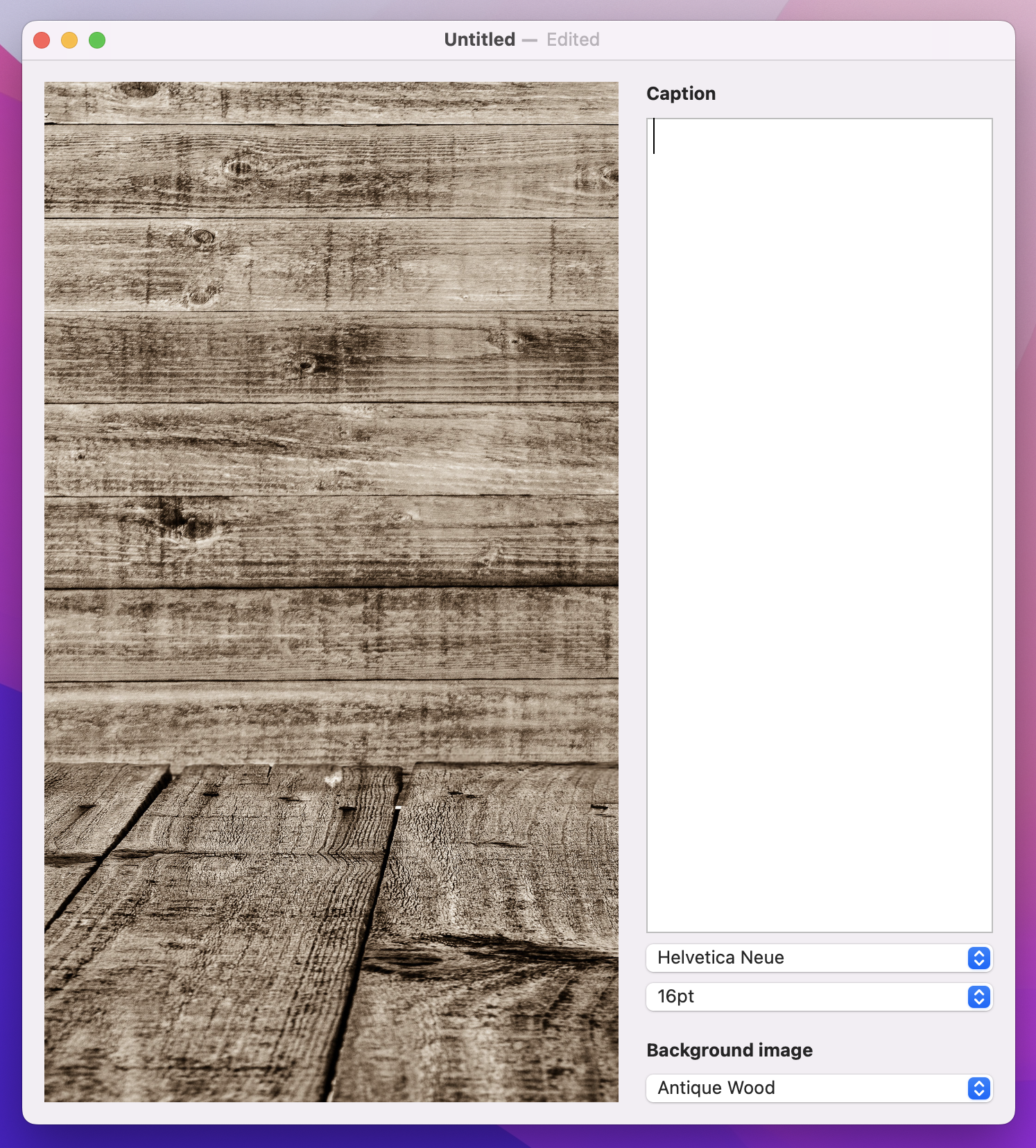 A 2 panel window. The left panel is has a wood texture, and the right panel's 'Background image' picker is set to 'Antique Wood'.