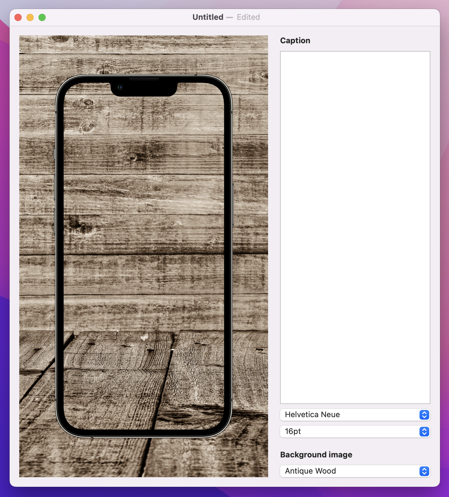 A 2 panel window. The left window has an iPhone cutout over a wood-texture background.