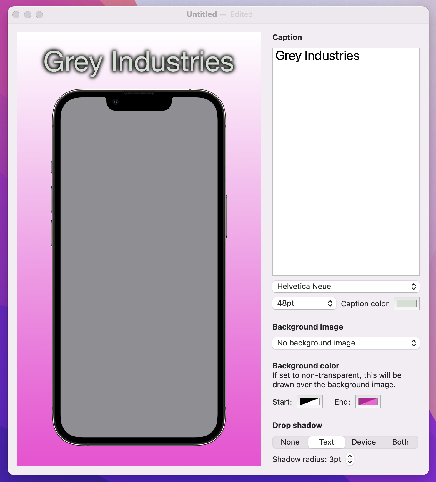 On the canvas is a caption reading 'Grey Industries' with a heavy drop shadow behind it.