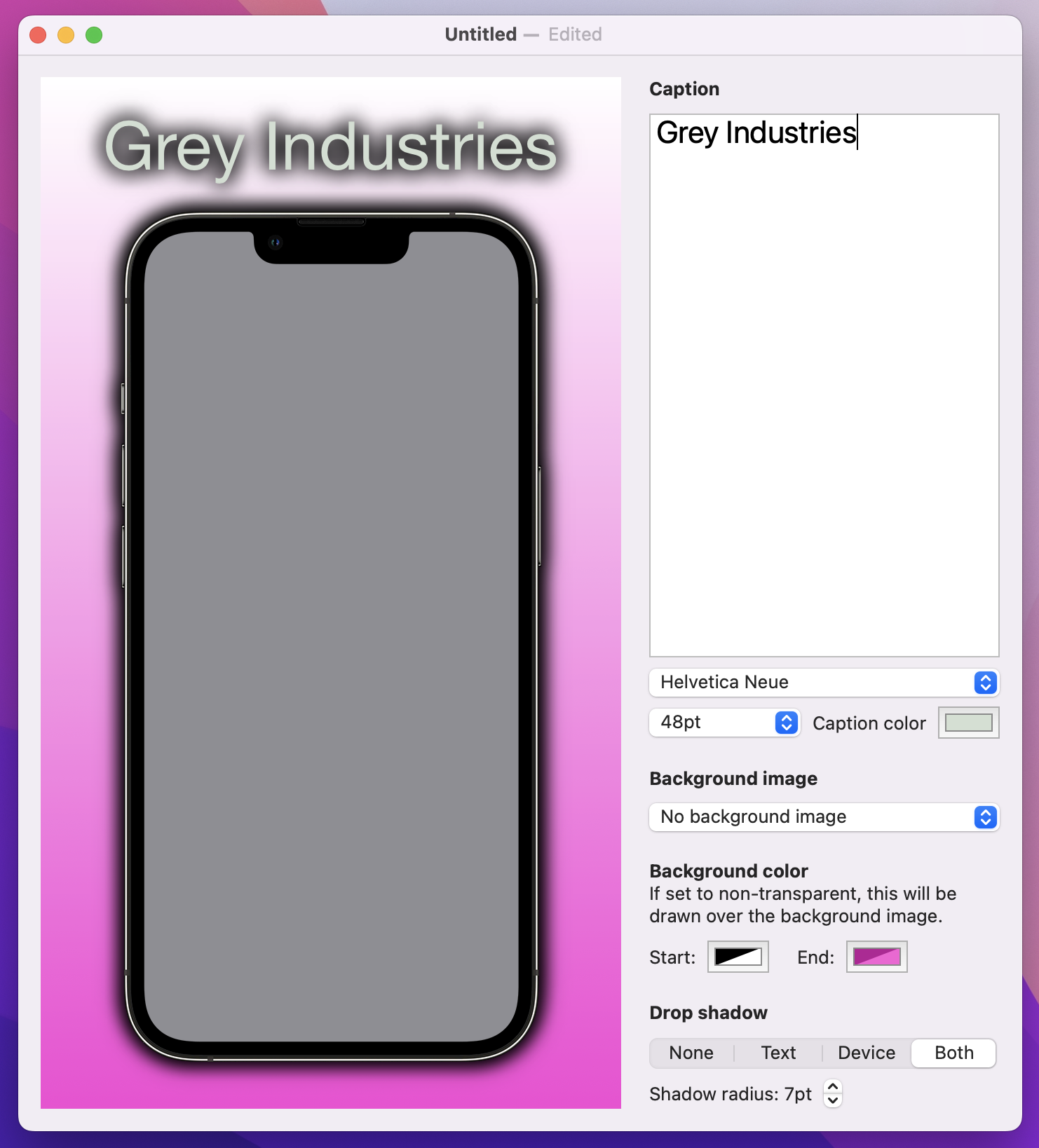 Both caption and phone have drop shadows, but the shadow does not affect the screenshot.