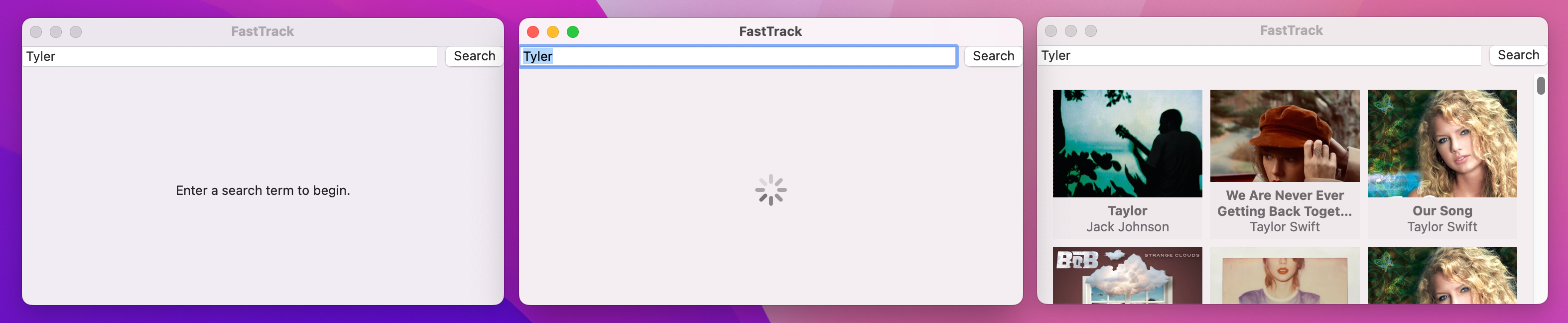 Before a search, the user is prompted with some text. During the search, an activity spinner is shown.