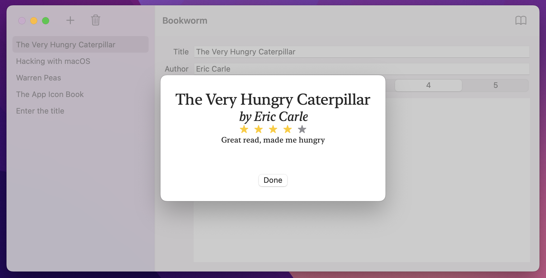 A sheet overlaid on the window, showing title and author in large serifed font, 4 yellow stars and 1 gray star, review text in serifed font, and a 'Done' button.
