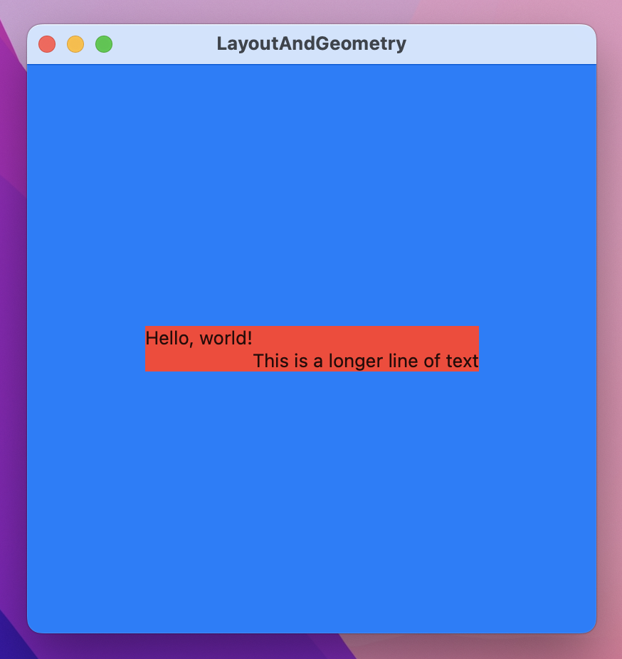 The text 'Hello World!'. Below its right edge begins the line 'This is a longer line of text'. Both lines are on a red rectangle on a blue background.