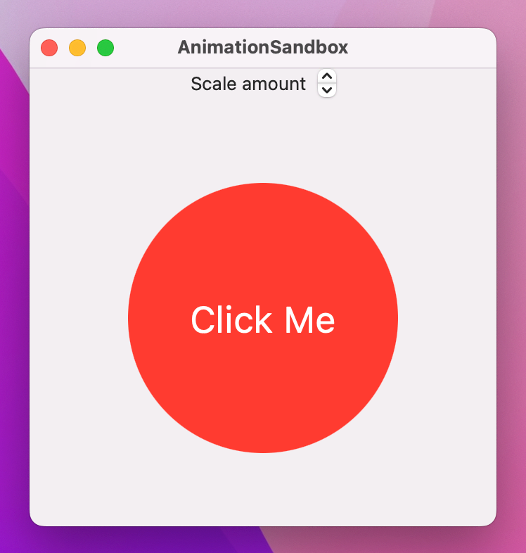“Scale amount” with up and down arrows, above a red circle reading Click me.