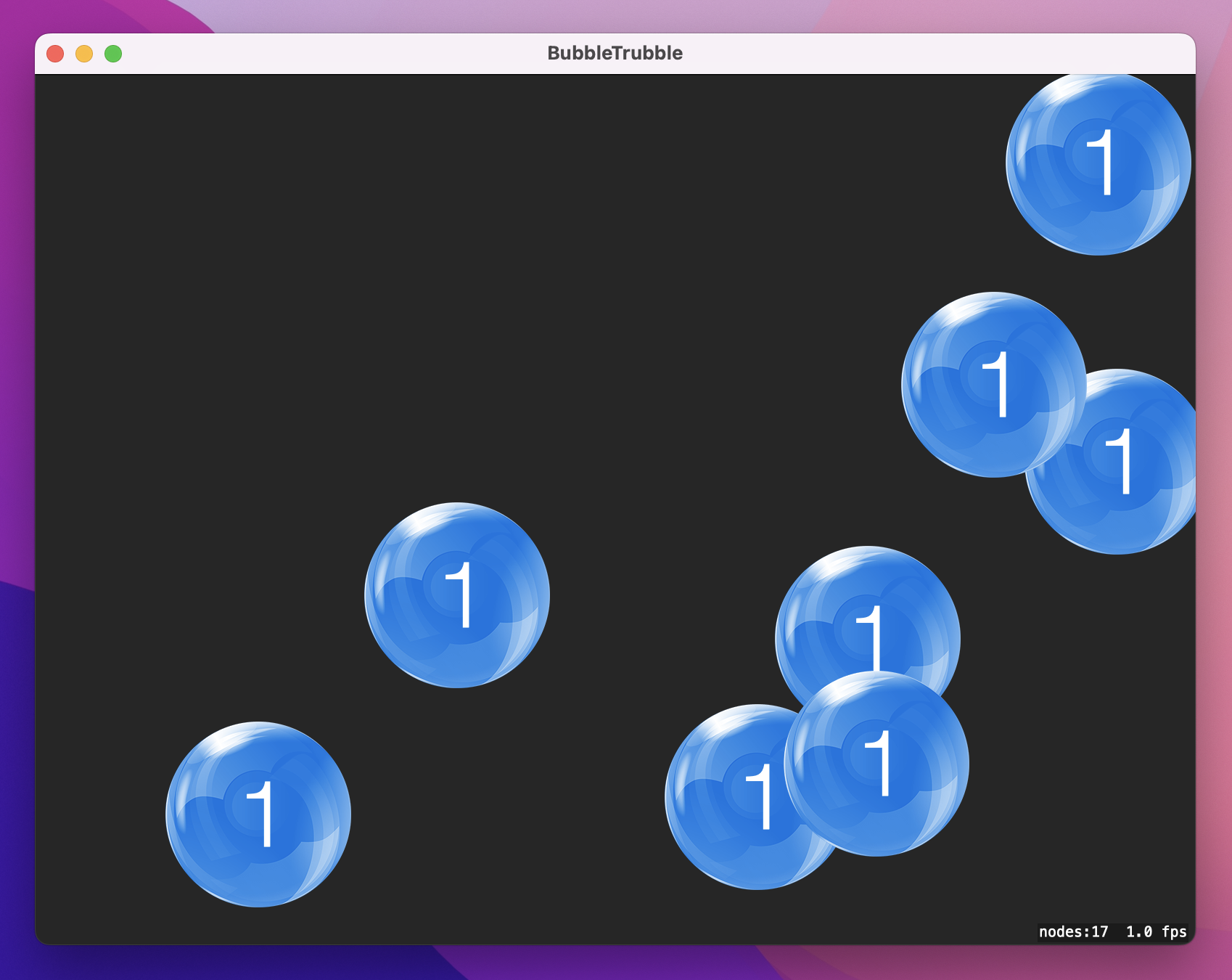A window with dark gray background and 8 blue bubbles labelled '1'. In the bottom left is 'nodes: 17, 1.0 fps'.