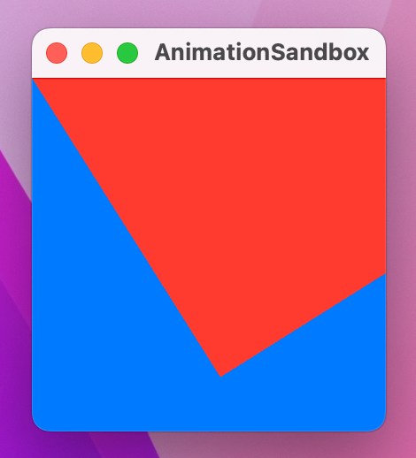 A blue square, with a red square pivoting in from the top left corner.