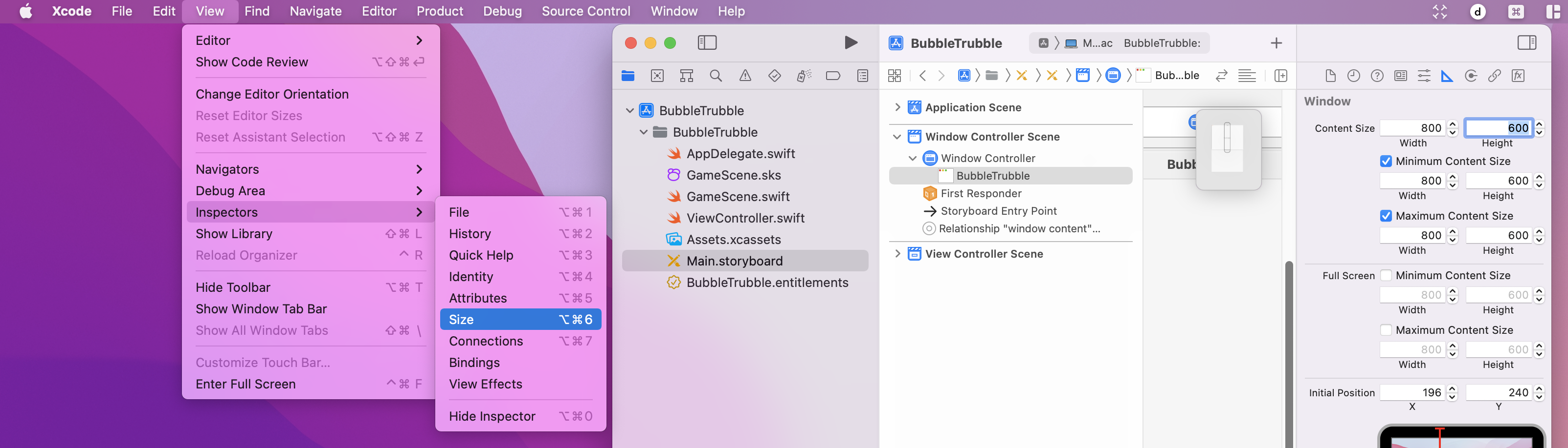 An Xcode window showing BubbleTrubble set to 800x600 size  with min and max size checked.