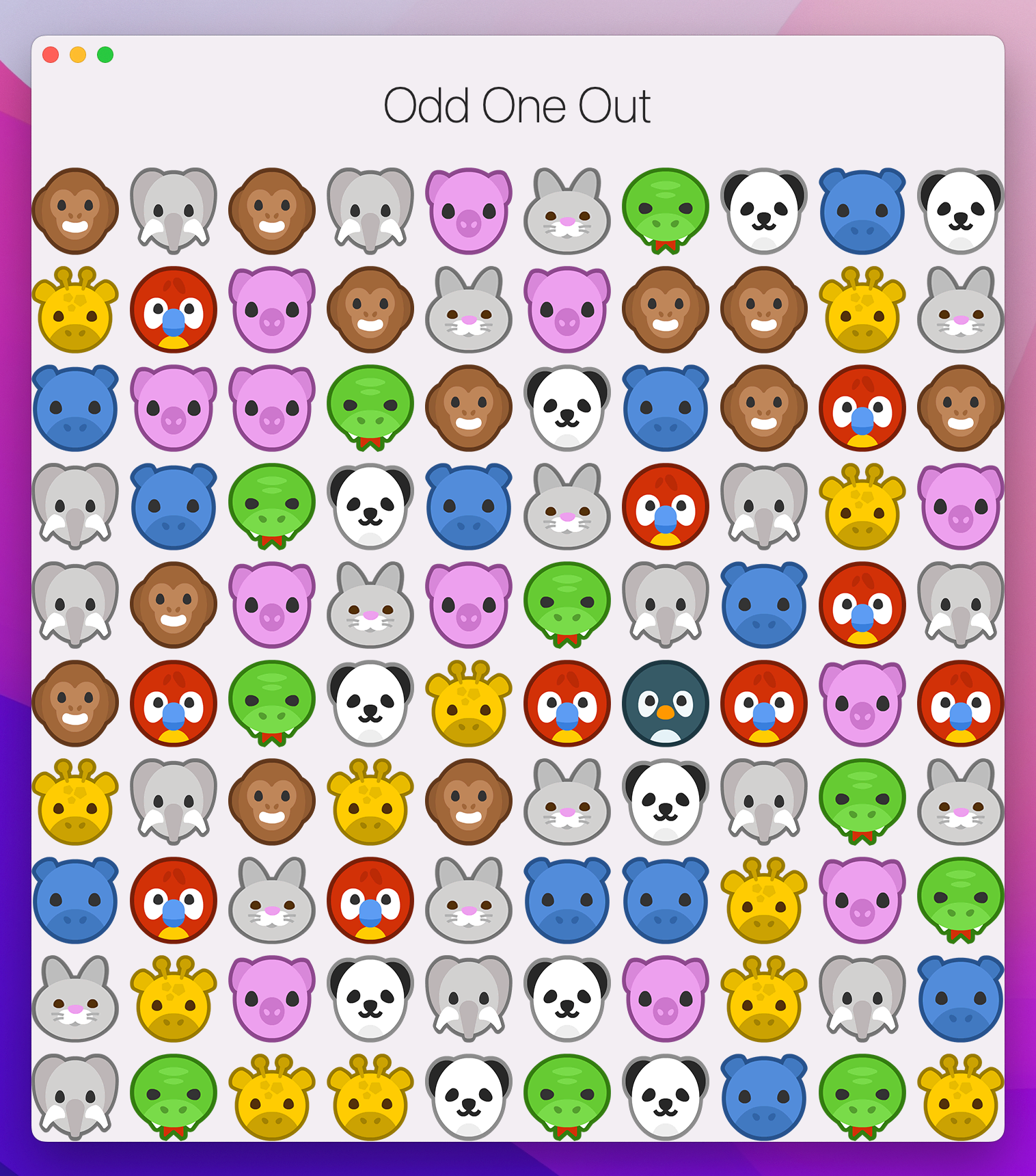 A grid of 100 animal images. Can you spot the odd one out?