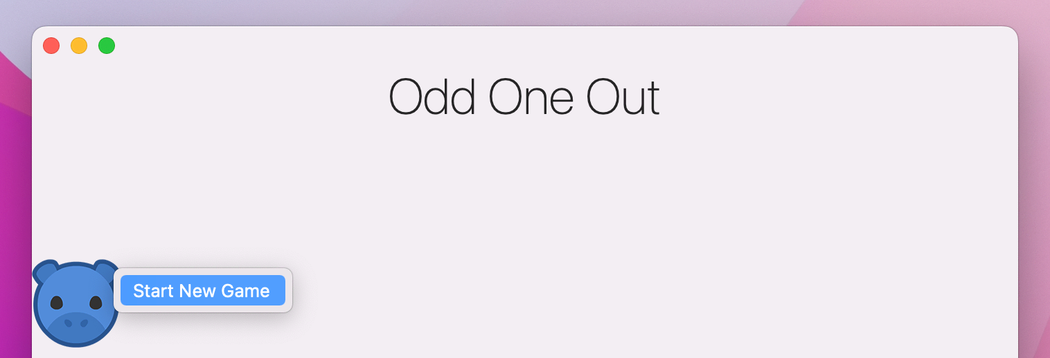 A hippo image 'Odd One Out' with context menu item 'Start New Game'.