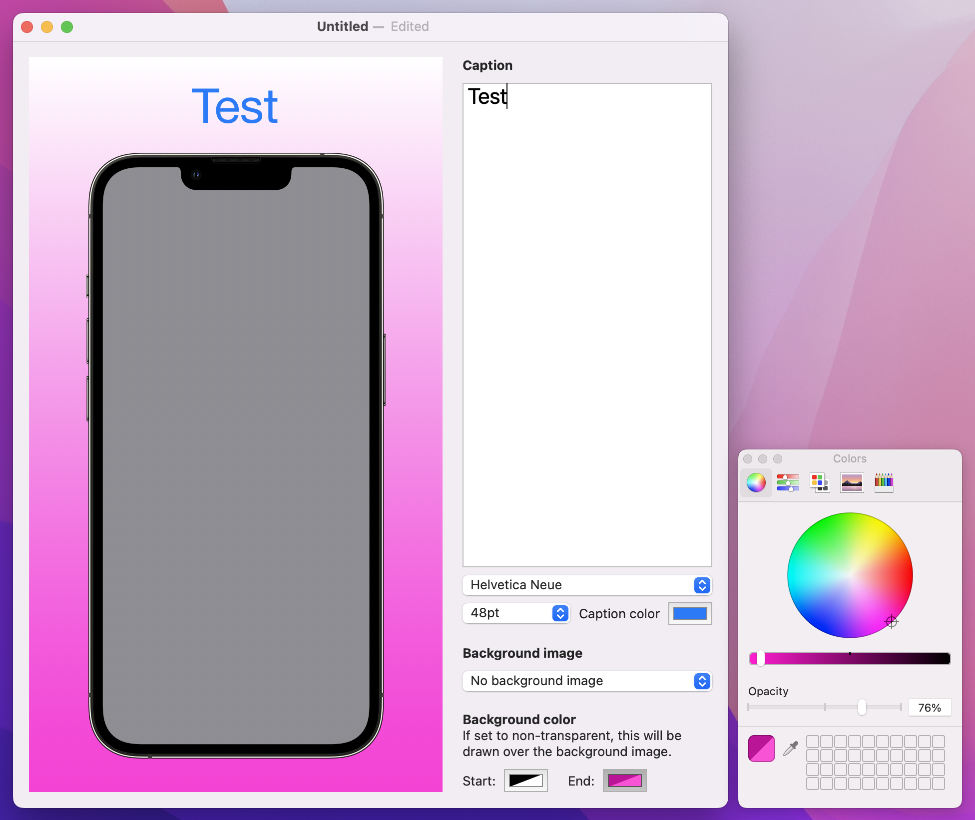 The canvas has a background linear gradient from white to hot pink, both colors matching the color widgets'.