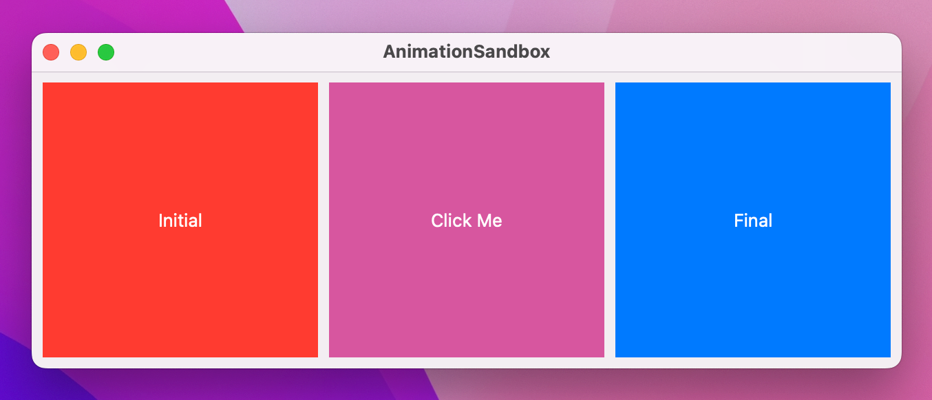 A square reading Click Me in white. The square is a purple as it turns blue from red.