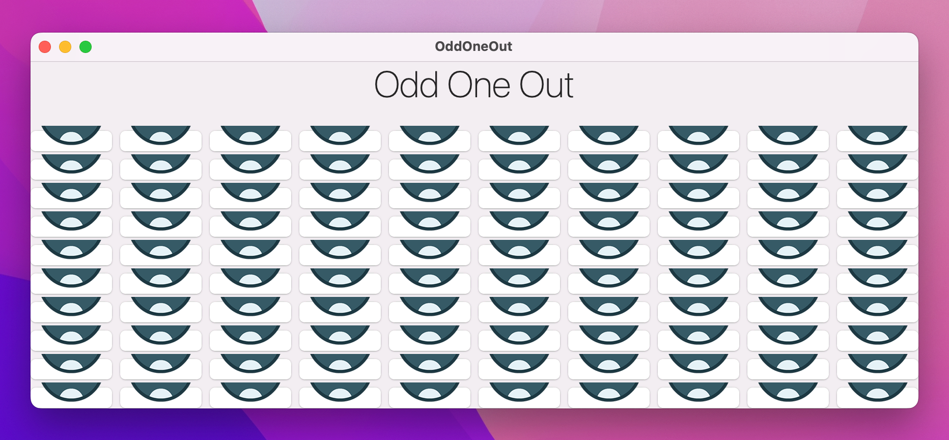 'Odd One Out' above a 10x10 grid of squashed penguins.
