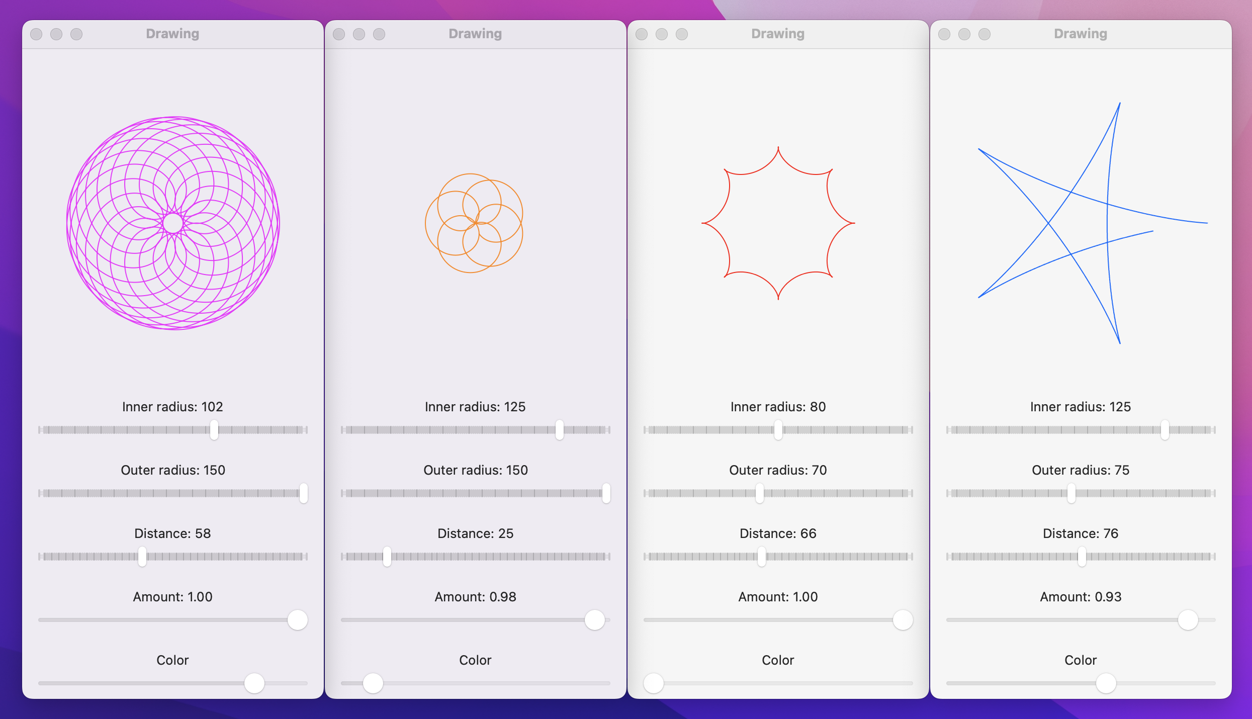 A set of colorful Spirograph(TM) plots.