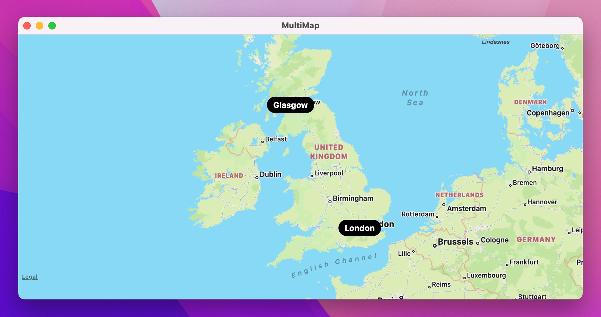 A map of the UK, with London and Glasgow labelled in white text within a black capsule.
