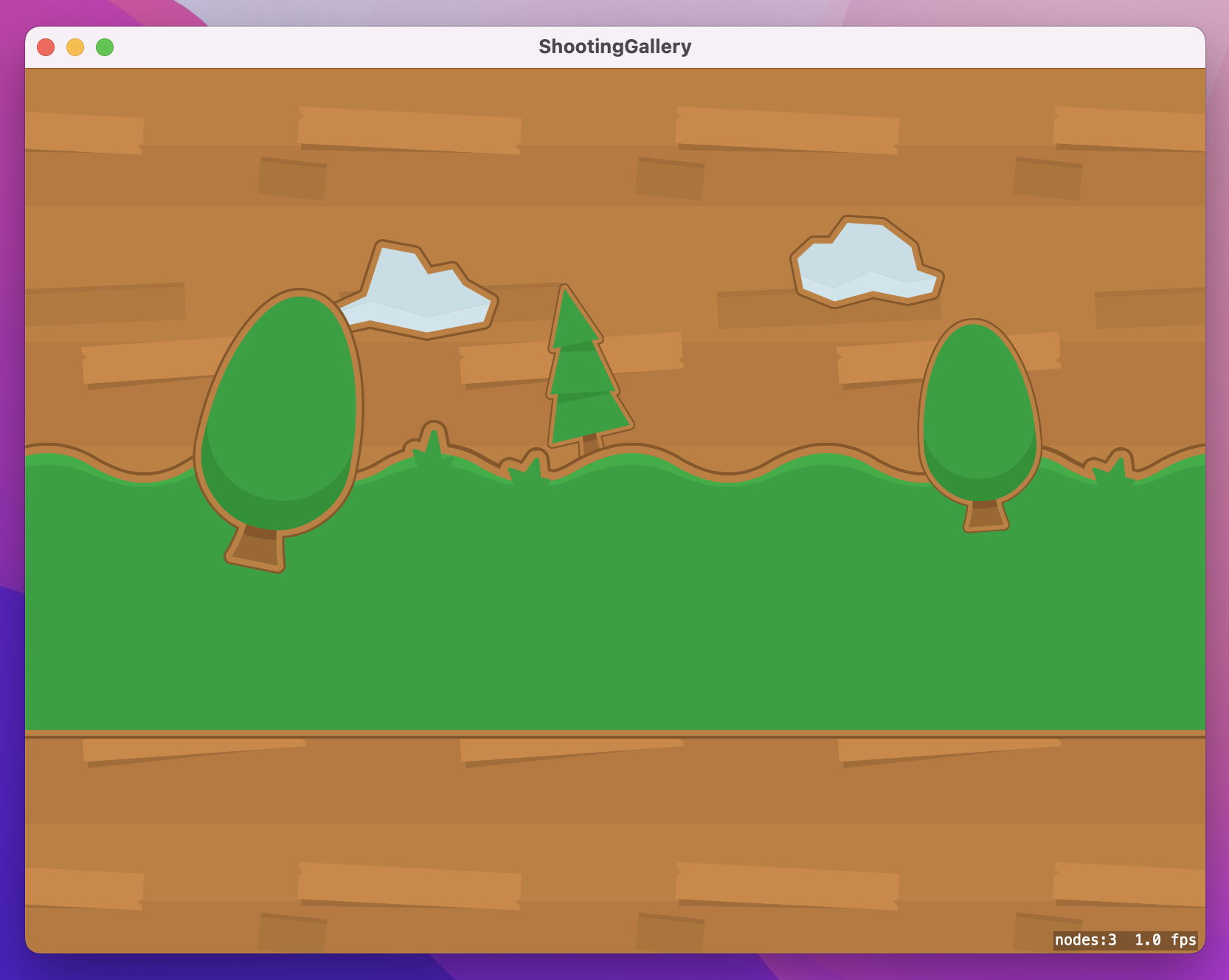 A window with cartoon-y trees and clouds on a wooden background.