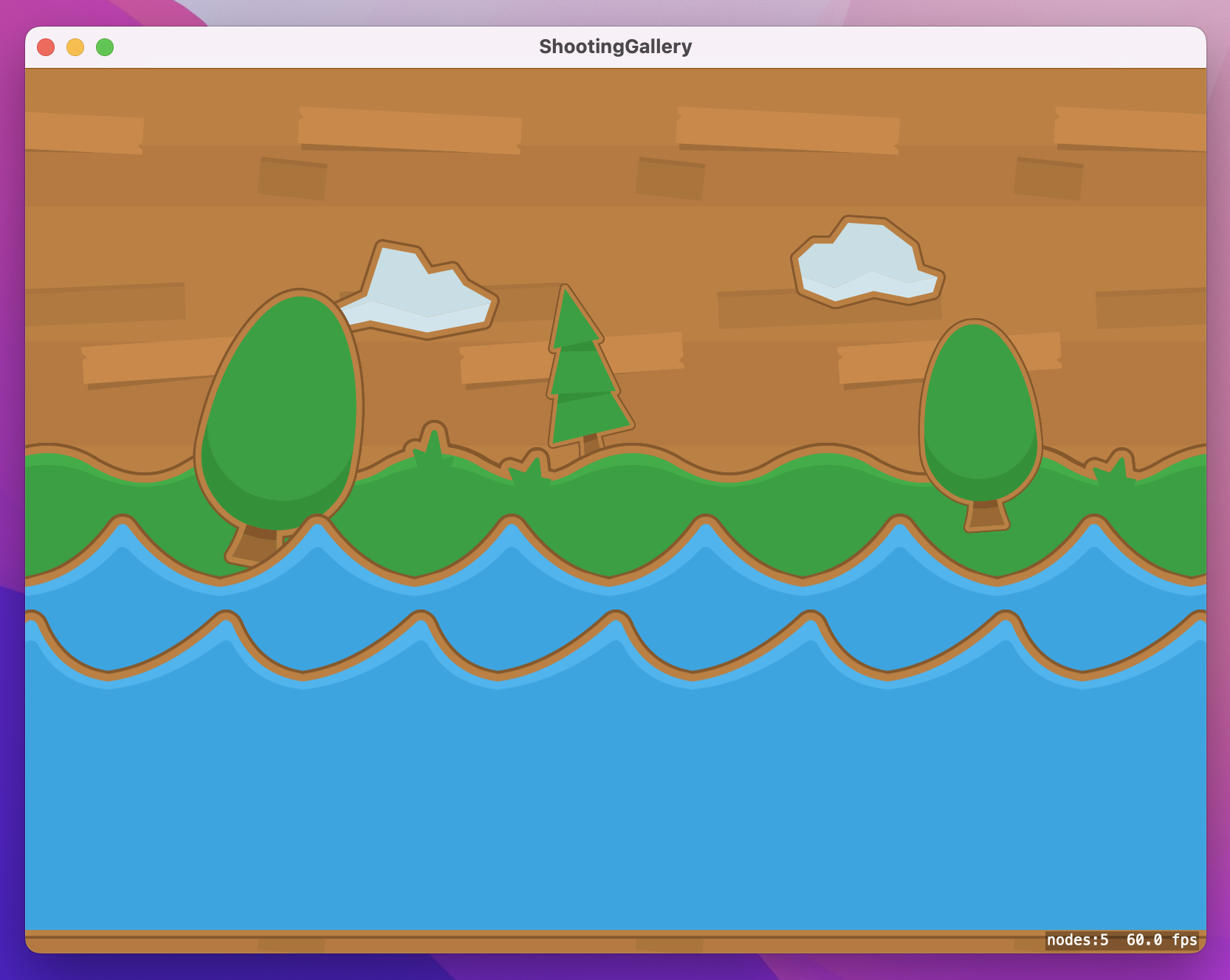 A window with cartoon-y trees, clouds, and waves on a wooden background.