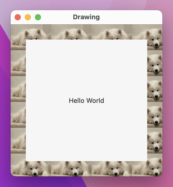 'Hello World' in a window with a tiling dog photo border.
