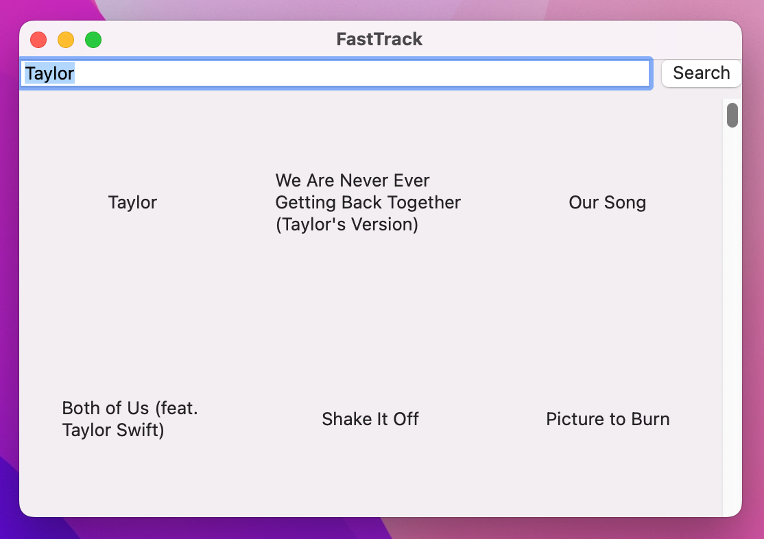 Searching for “Taylor” shows a grid containing some excellent songs.