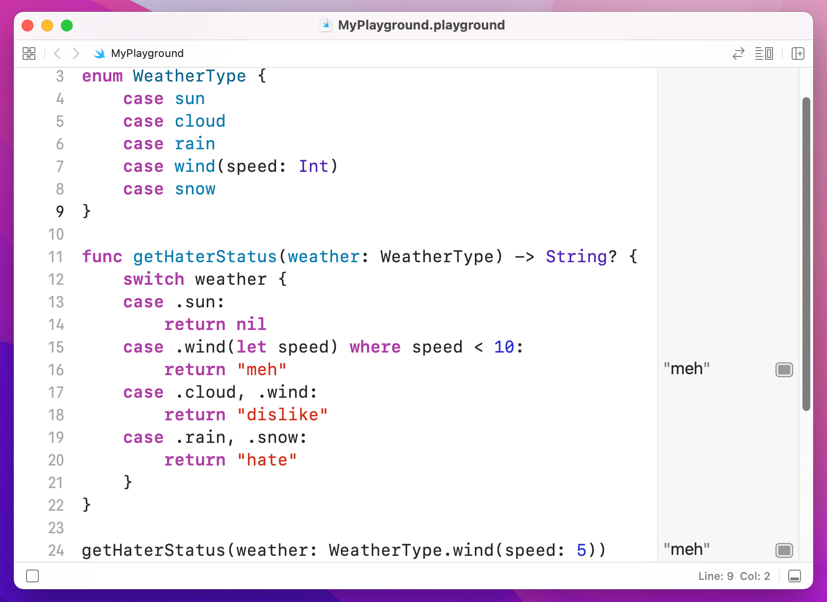 Calling `getHaterStatus` with wind speed 5 returns “meh”.