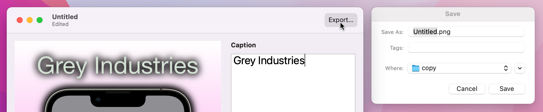 The toolbar now has an 'Export…' button, which opens a save dialog when clicked.