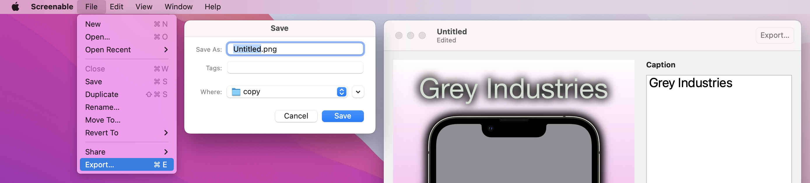 Under the menu bar > File is an 'Export…' item with a Cmd+E shortcut.
