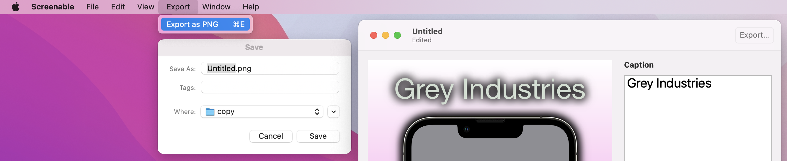 The menu bar now has an 'Export' menu with an 'Export as PNG' option, which has shortcut Cmd+E.