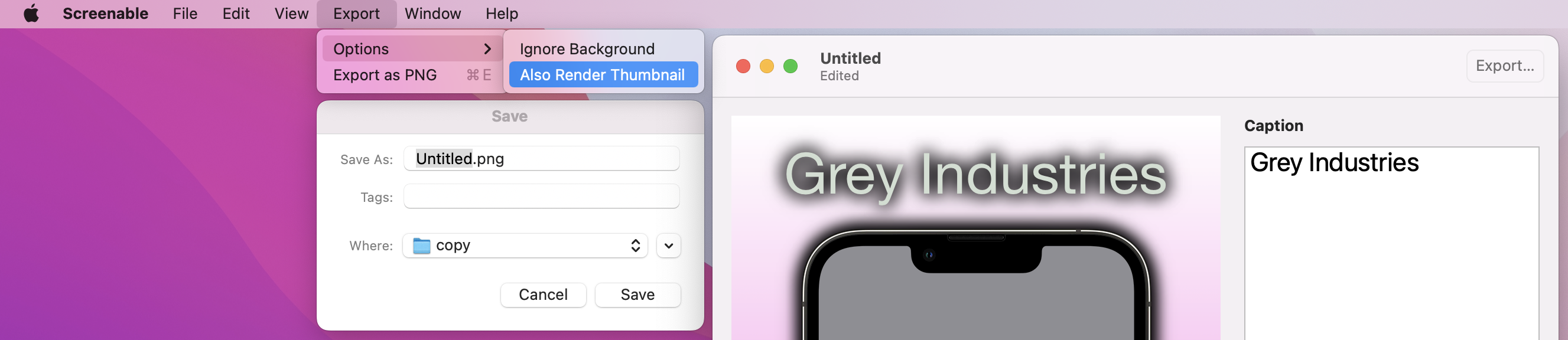 Under menu bar > Export is submenu 'Options' with 'Ignore Background' and 'Also Render Thumbnail' options.