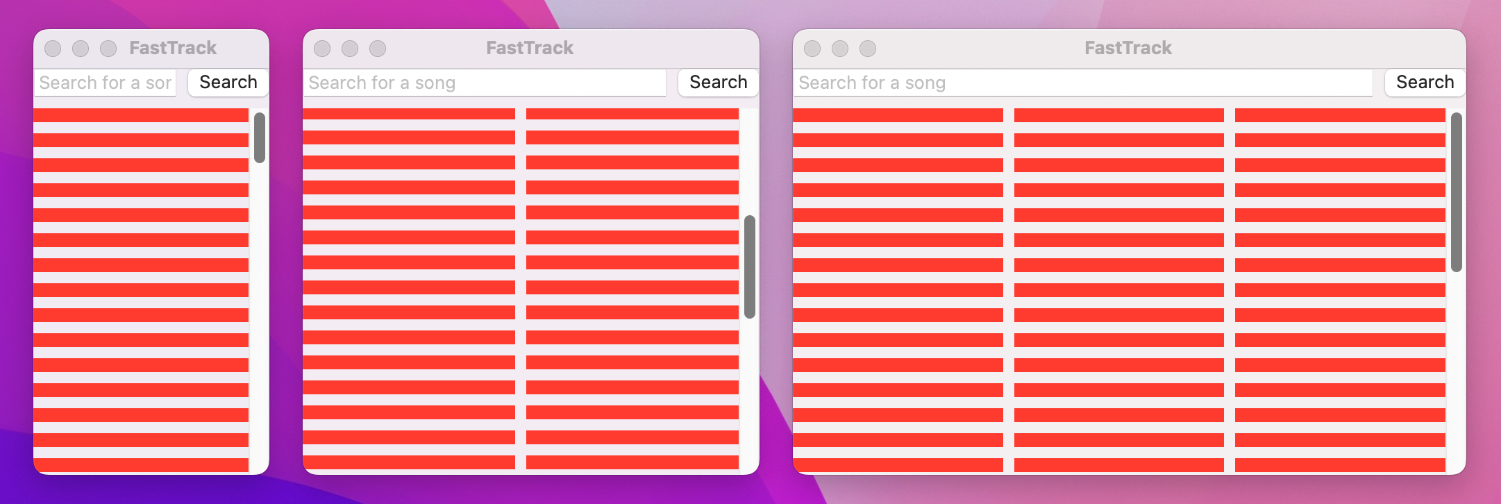 A window with a scrolling grid of red rectangles. As it expands, more columns are added.