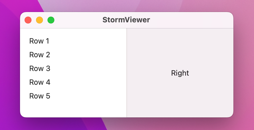 A split view with Row 1 through Row 5 on the left, and Right on the right.
