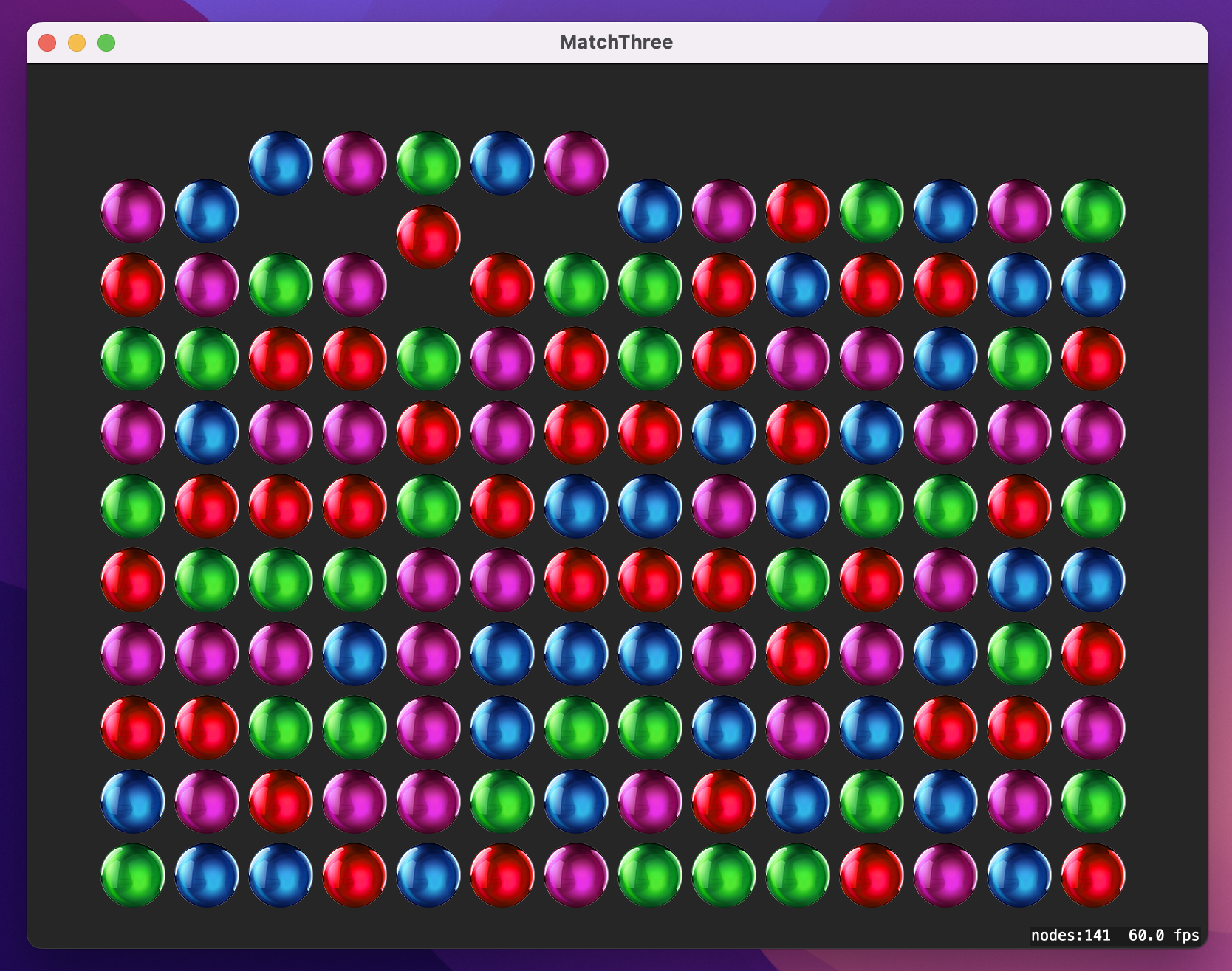 A grid of colorful balls, with some gaps at the top, where new balls are falling into place.