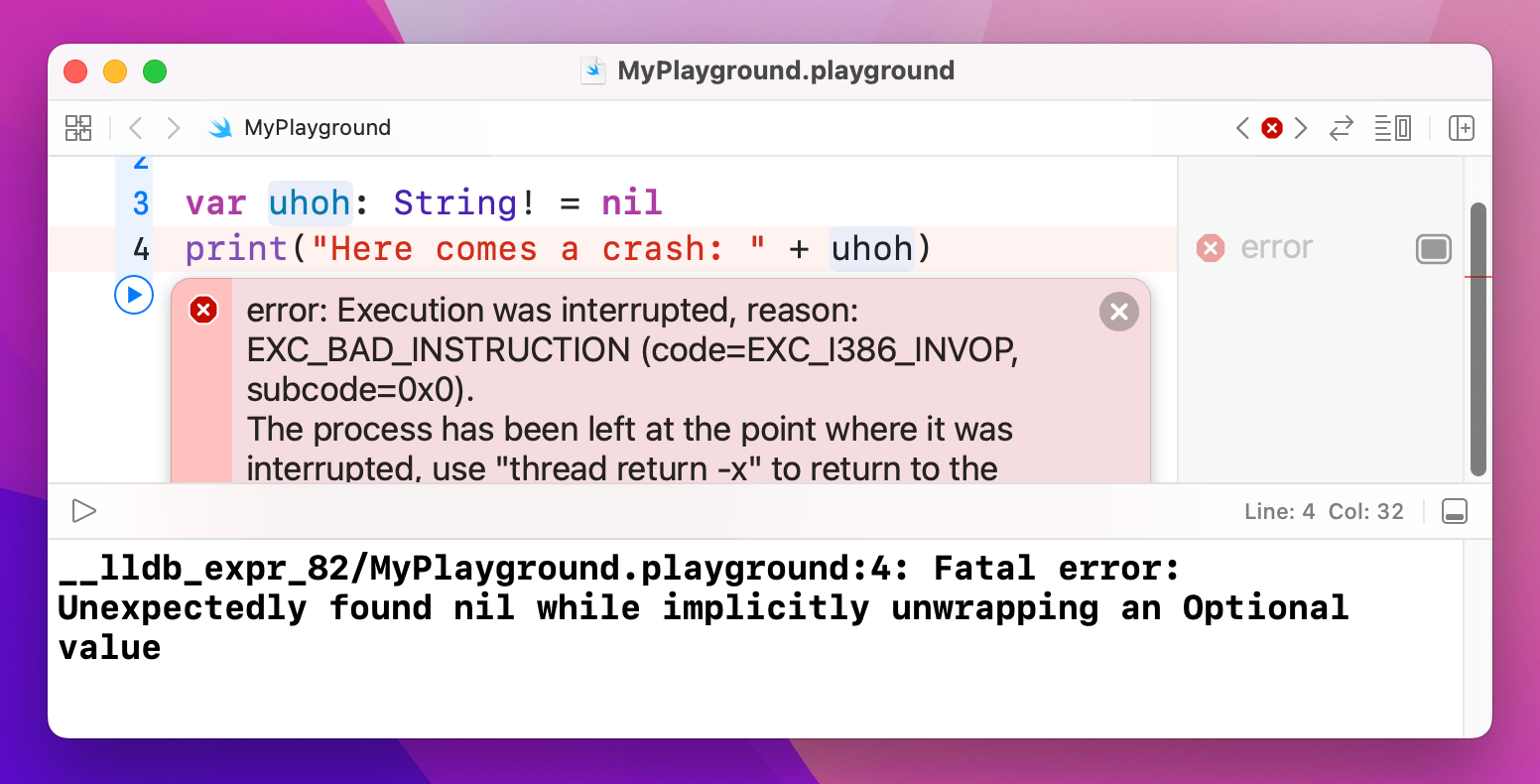 A crash caused by using an implicitly-unwrapped Optional containing nil.