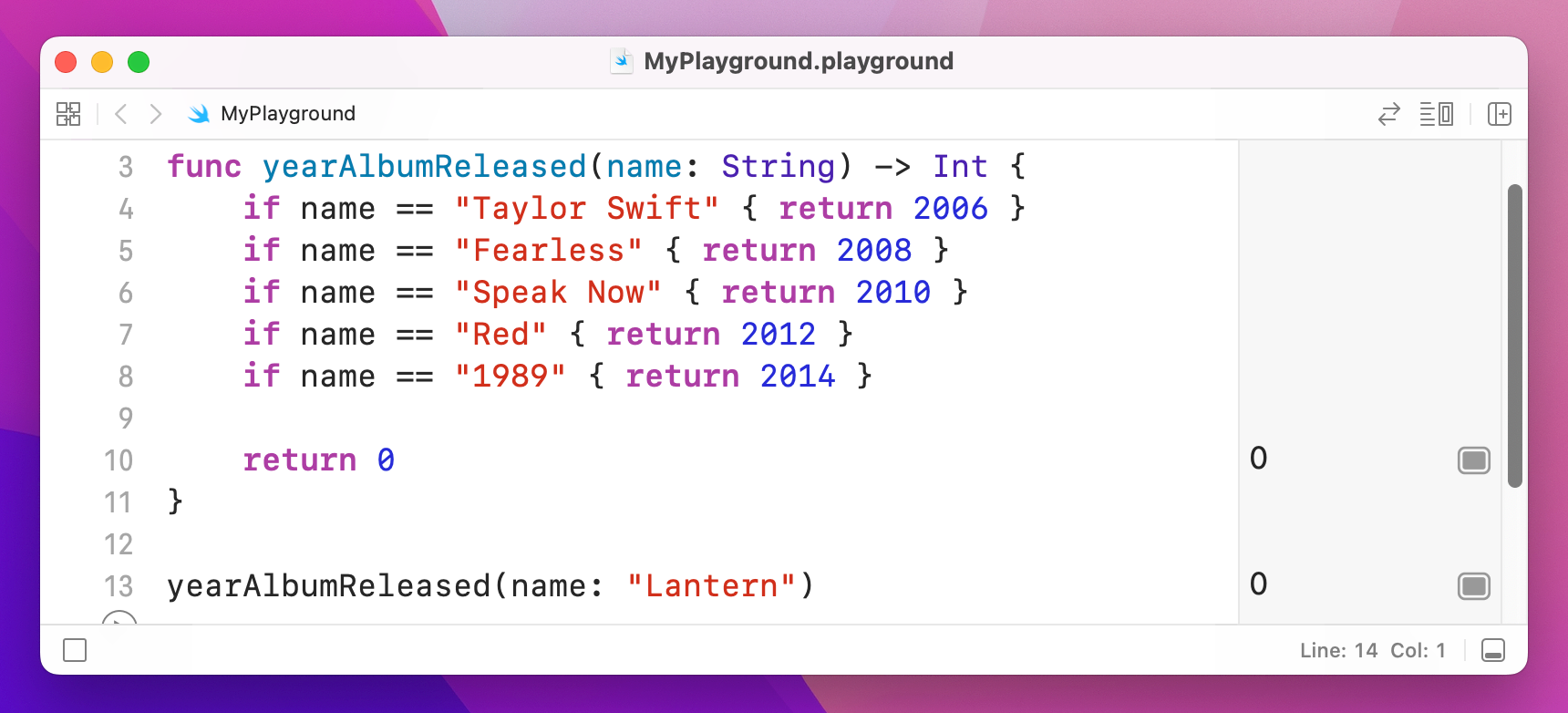 Calling the function with “Lantern” returns 0.