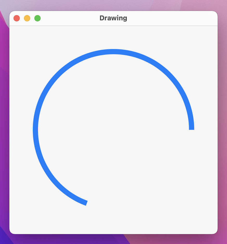 A circular arc in blue running from 3 o' clock counterclockwise to 7 o' clock.