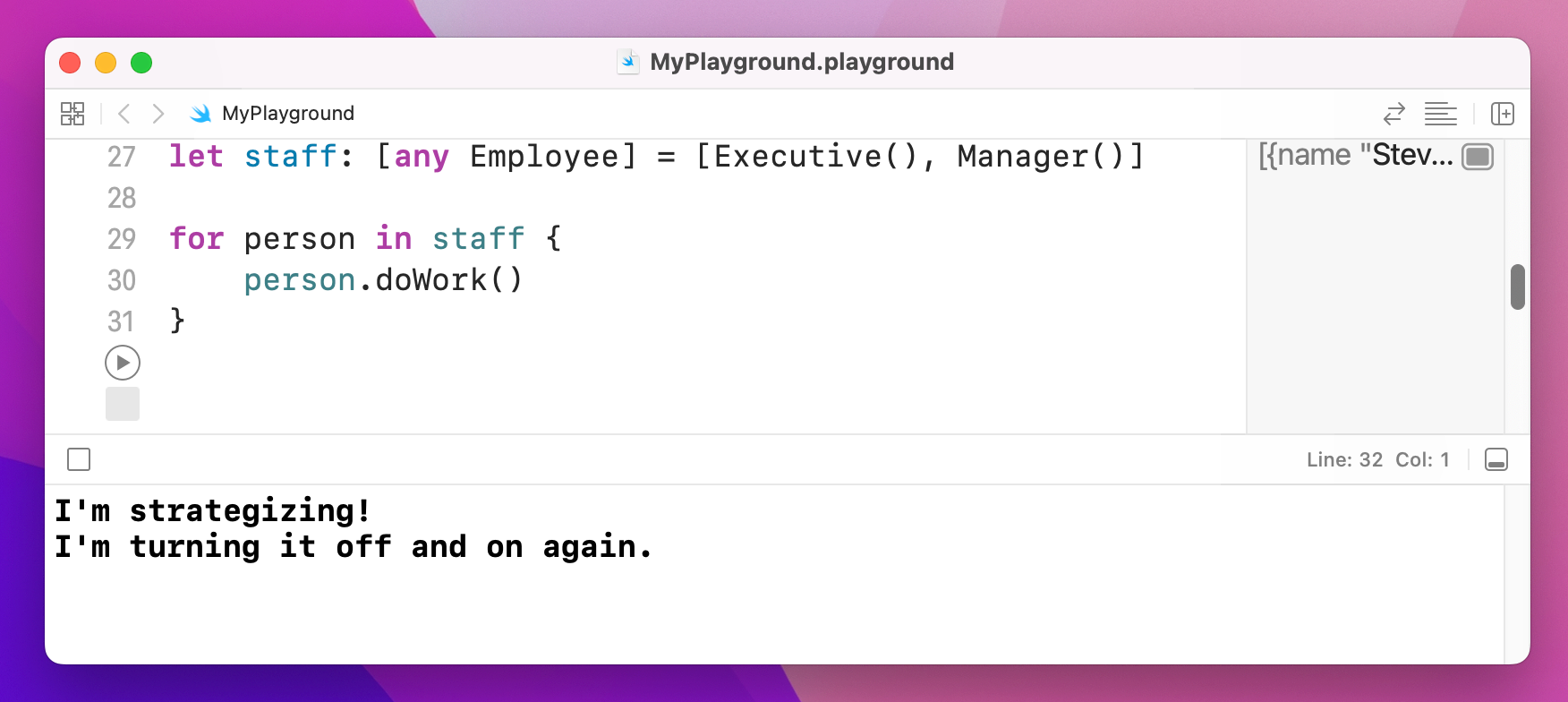 Each `Employee` calls its version of `doWork`, so “I’m strategizing!” and “I’m turning it off and on again” are printed.