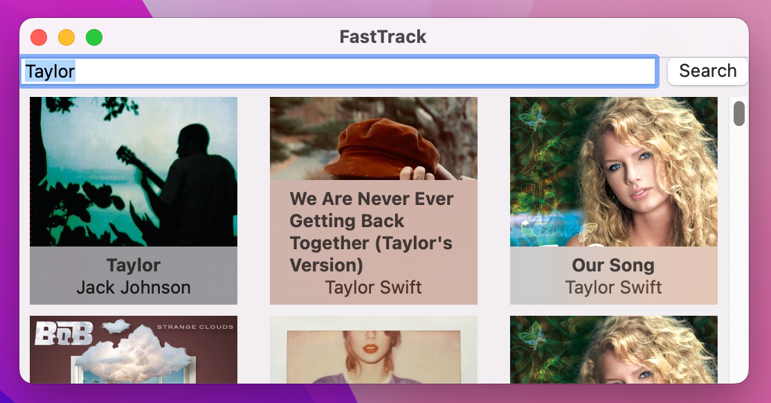 A grid of album covers with info text in a frosted glass rectangle at the bottom of each cover.