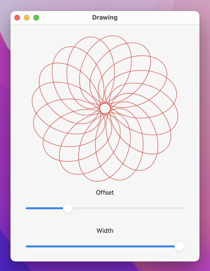A flower-like red line-art drawing above 2 sliders labelled 'Offset' and 'Width'.