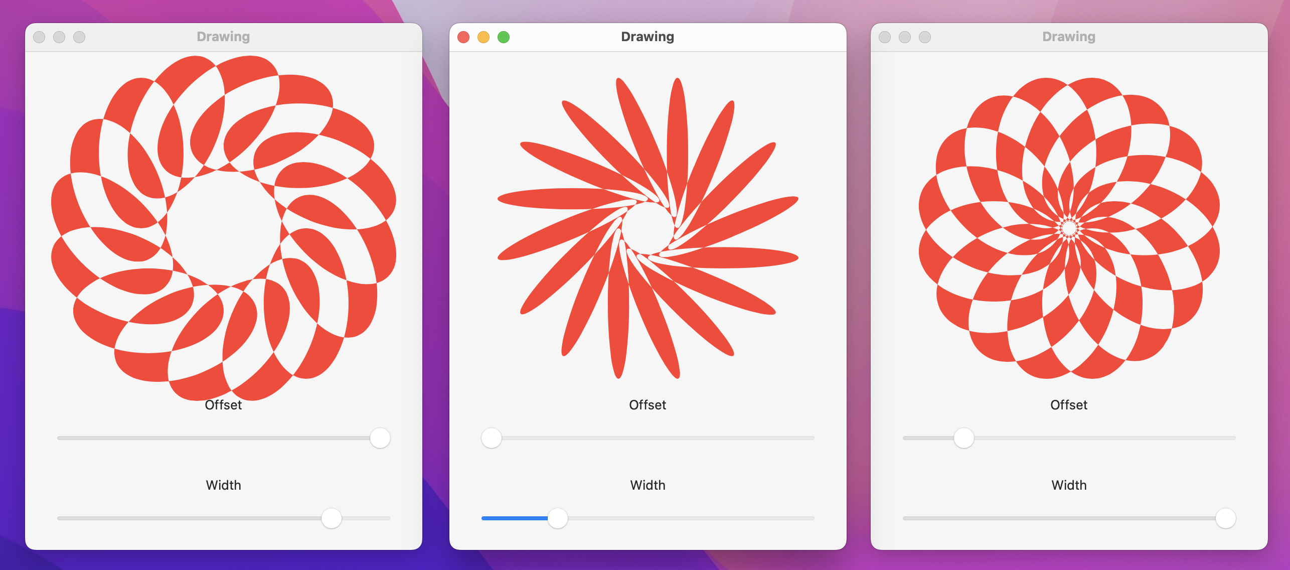 3 red/gray geometric art shapes.