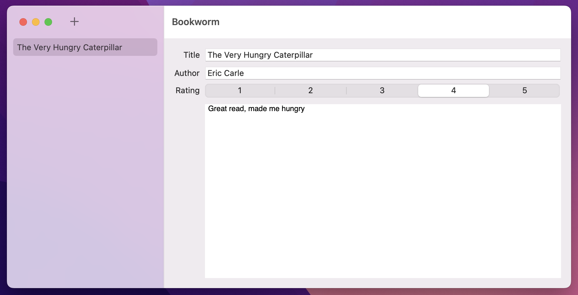 A two pane window titled 'Bookworm'. The left pane has a list with one item selected. The right shows a form with 'Title' and 'Author' fields, a 1-5 rating and a large text box.