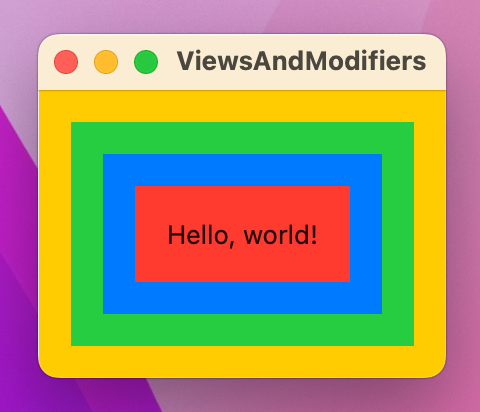 The text “Hello World” with a red background, surrounded by concentric rectangles colored blue, green, and yellow.