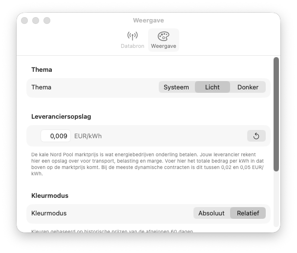 Het instellingenscherm met tabbladen voor Databron en Weergave