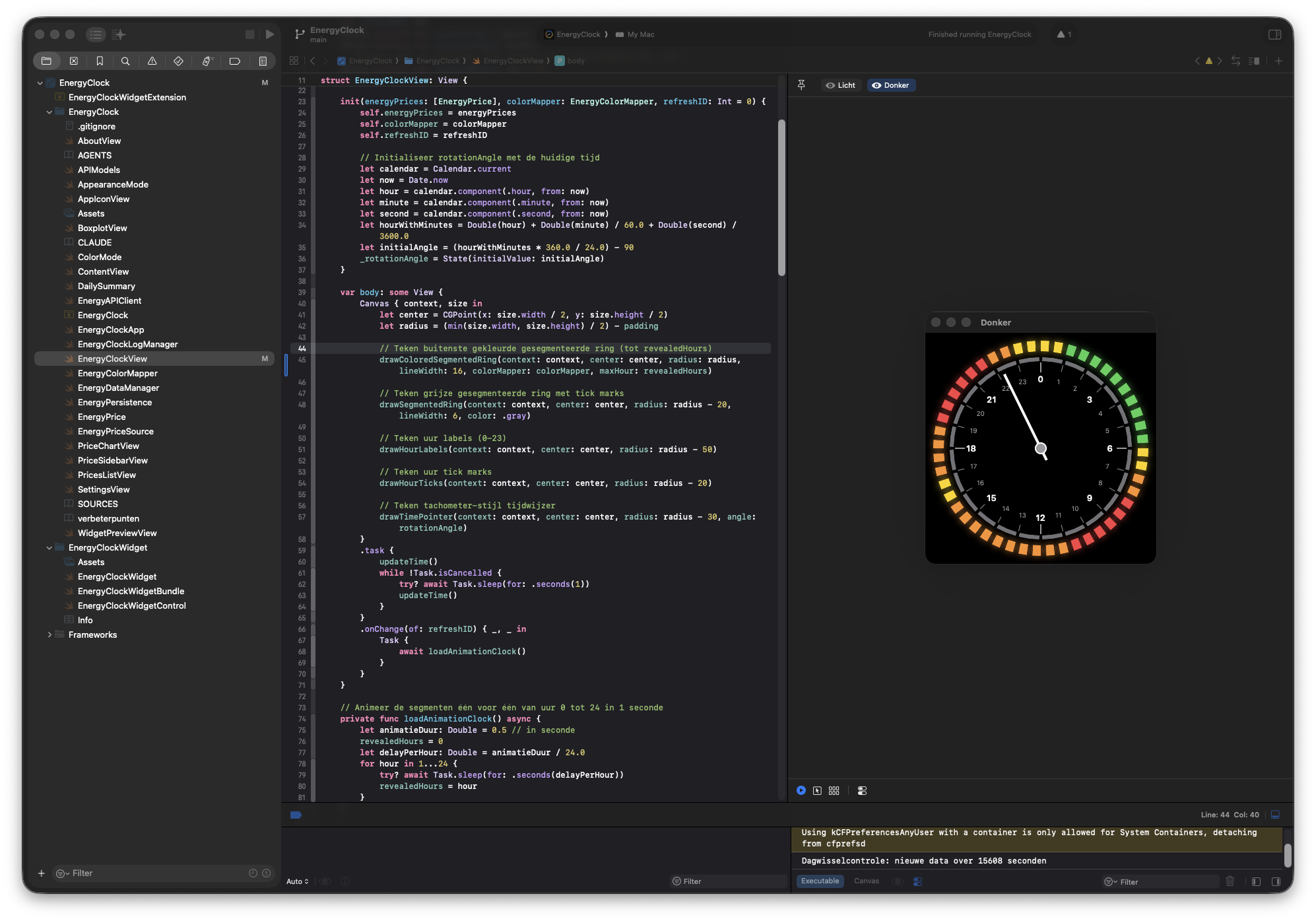 Xcode met een gepauzeerde app en een breakpoint, de variableninspector is zichtbaar
