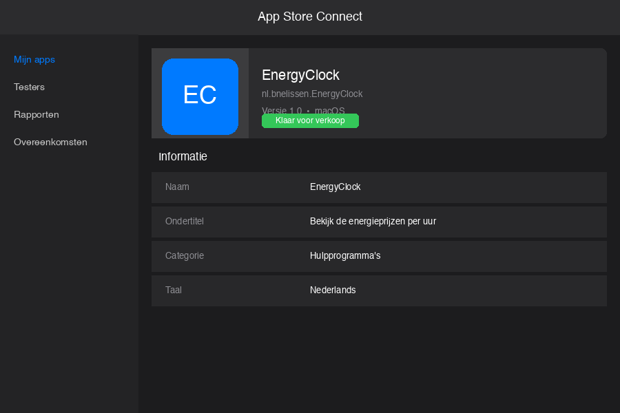 Screenshot van App Store Connect met de metadata van de EnergyClock ingevuld